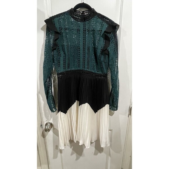 Self-Portrait Dresses & Skirts - Self-Portrait Lace Pleated Midi Dress Green Black Ivory Long Sleeve US 8 UK 12